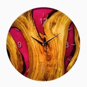 Orologio in legno di ulivo e resina epossidica, colore magenta / fucsia