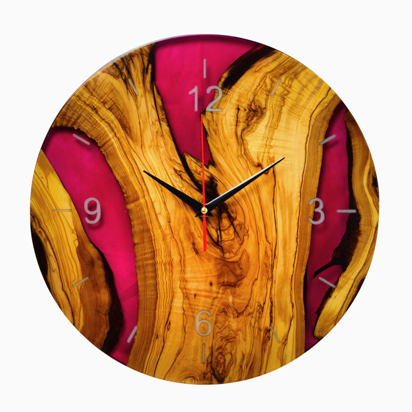 Orologio in legno di ulivo e resina epossidica, colore magenta / fucsia