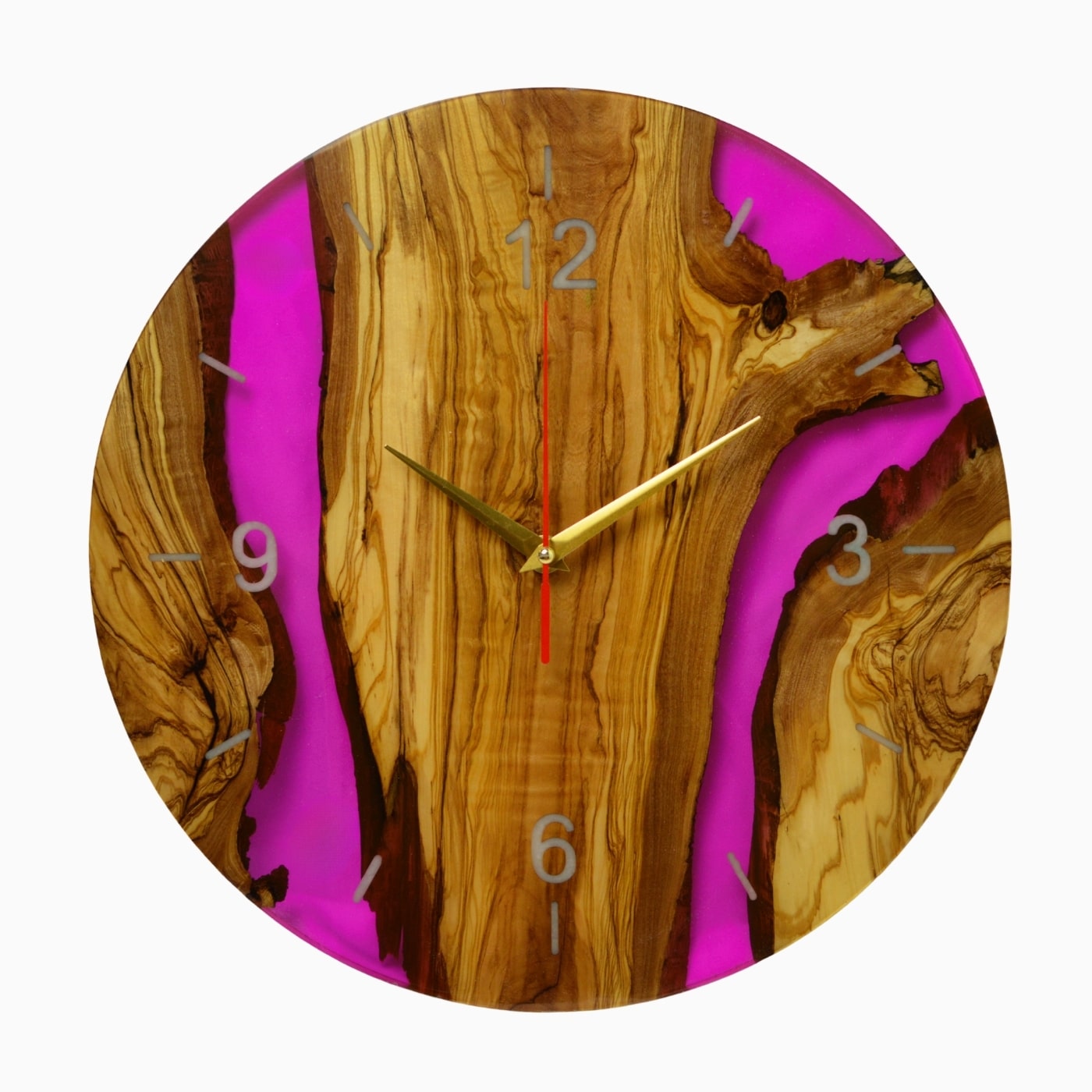 orologio in legno di ulivo e resina epossidica rosa chiaro